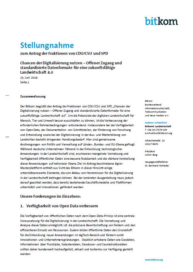 Stellungnahme zum Antrag „Chancen der Digitalisierung nutzen – Offener Zugang und standardisierte Datenformate für eine zukunftsfähige Landwirtschaft 4.0"