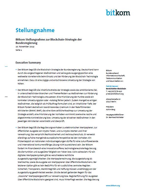 Bitkom Stellungnahme zur Blockchain-Strategie der Bundesregierung